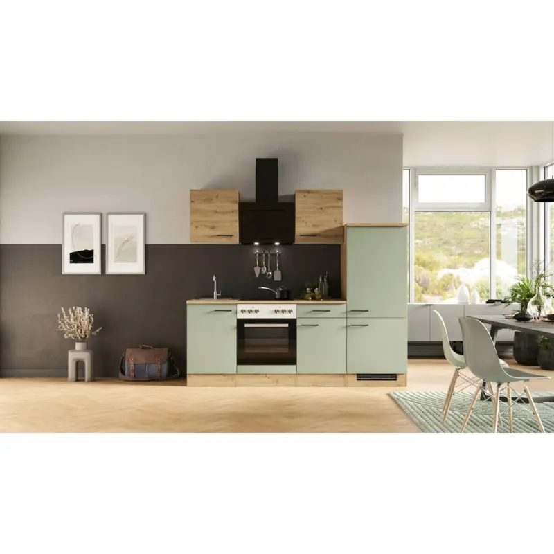 K&uuml;chenblock 220 cm in Gr&uuml;n, Eiche Artisan