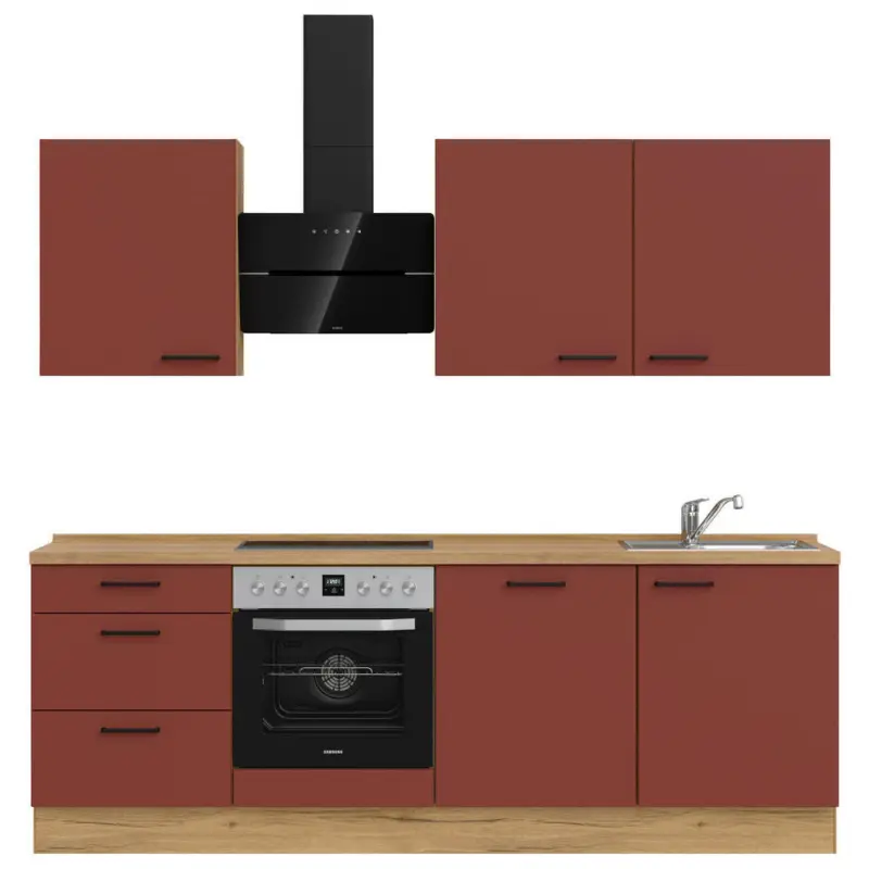 K&uuml;chenleerblock 240 cm in Rot, Eichefarben
