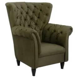Ohrensessel in Velours Olivgr&uuml;n