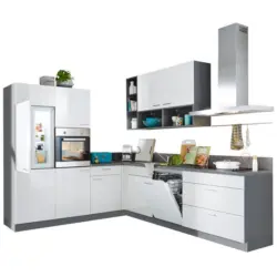 Eckk&uuml;che 245/275 cm in Anthrazit, Wei&szlig; Hochglanz