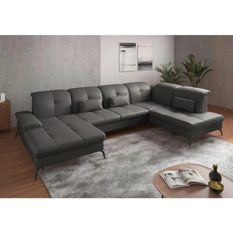 Wohnlandschaft in Vliesstoff Kombination Echtleder/Stoff Anthrazit