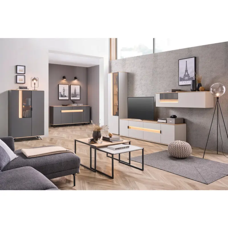 Wohnwand in Anthrazit, Eichefarben, Hellgrau