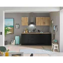 K&uuml;chenleerblock 220 cm in Schwarz, Eiche Artisan