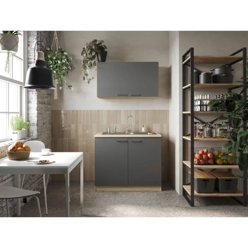 Minik&uuml;che 100 cm in Grau, Eichefarben