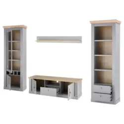 Wohnwand 4-teilig in Eichefarben, Hellgrau 317/201/44 cm
