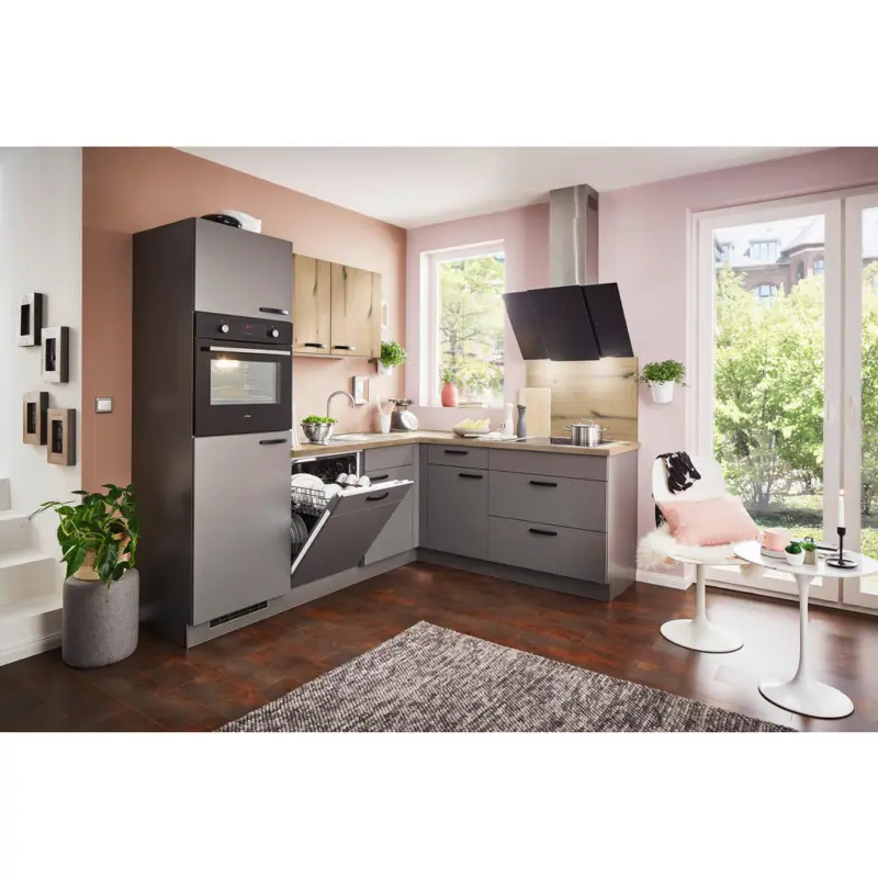 Eckk&uuml;che 235/195 cm in Anthrazit, Eichefarben