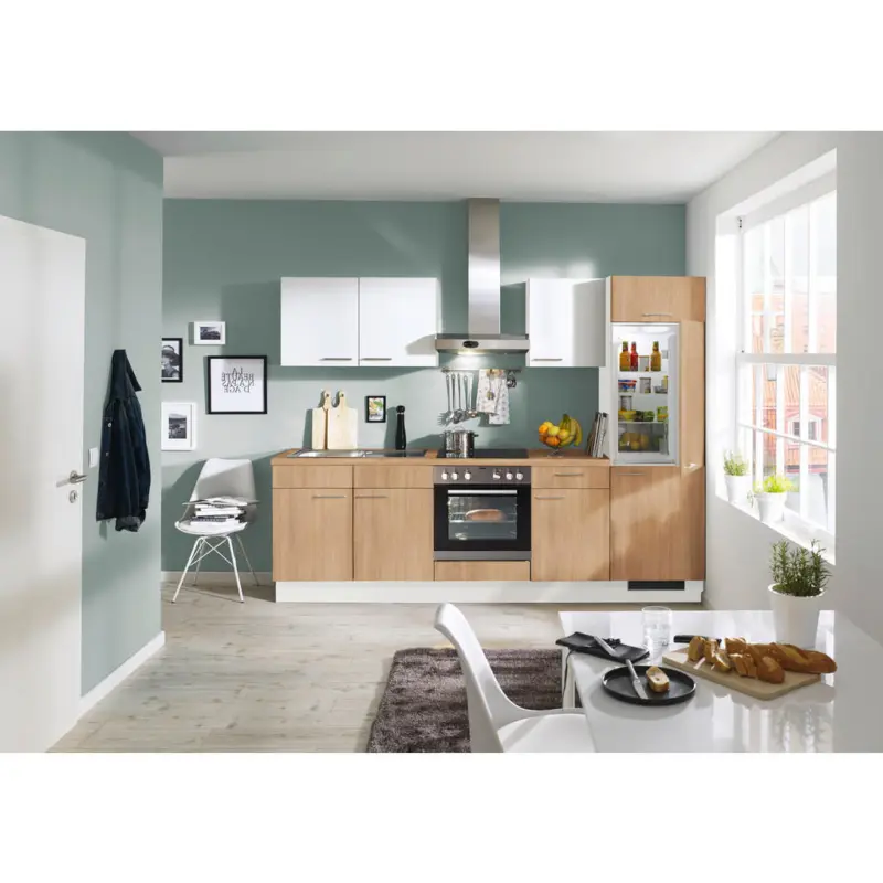 K&uuml;chenblock 270 cm in Wei&szlig;, Eichefarben