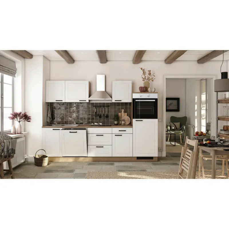 K&uuml;chenblock 280 cm in Wei&szlig;, Eichefarben