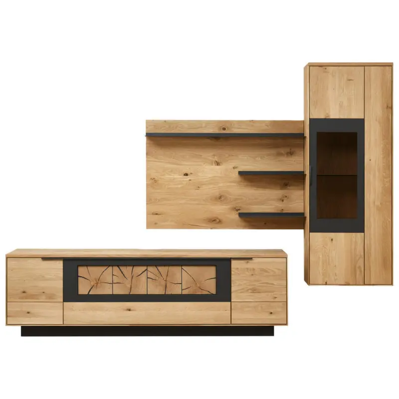 Wohnwand in Schwarz, Eichefarben 283,8/203,3/45,2 cm