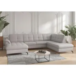 Wohnlandschaft Zora E in Vliesstoff Kombination Echtleder/Stoff Hellgrau