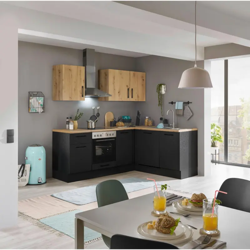 Eckk&uuml;che 220/175 cm in Schwarz, Eiche Artisan