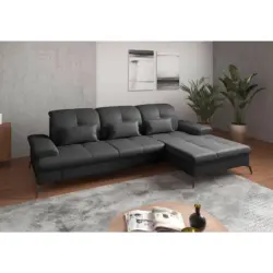 Ecksofa in Vliesstoff Kombination Echtleder/Stoff Schwarz 279/185 cm
