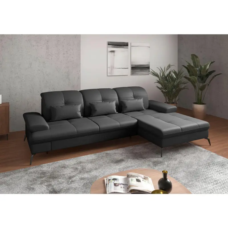 Ecksofa in Vliesstoff Kombination Echtleder/Stoff Schwarz 279/185 cm