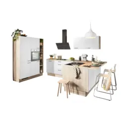 Eckk&uuml;che in Wei&szlig;, Tannenholzfarben