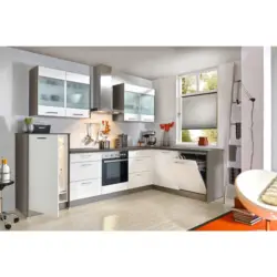 K&uuml;chenleerblock 305/185 cm in Wei&szlig;, Eiche grau