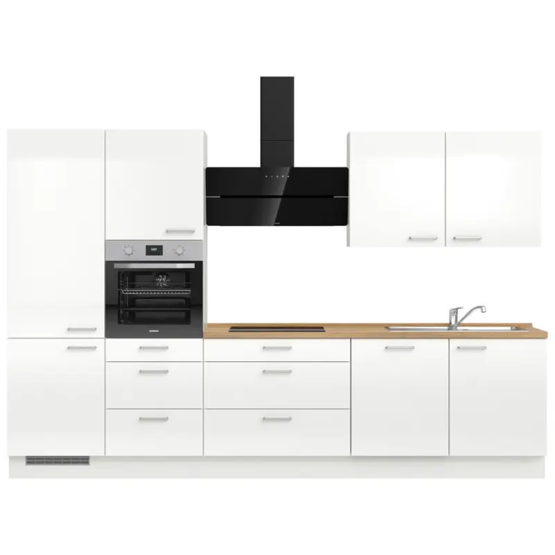 K&uuml;chenblock 330 cm in Eichefarben, Wei&szlig; Hochglanz