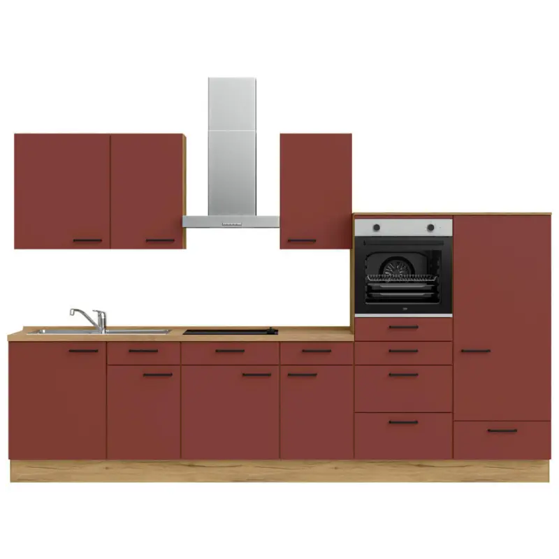 K&uuml;chenleerblock 330 cm in Rot, Eichefarben