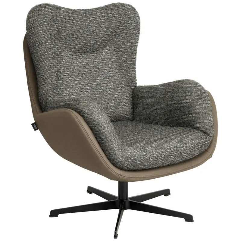 Sessel in Chenille, Struktur Echtleder Hellbraun, Greige