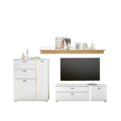 Wohnwand 3-teilig in Wei&szlig;, Eiche Wotan 260/170/42 cm