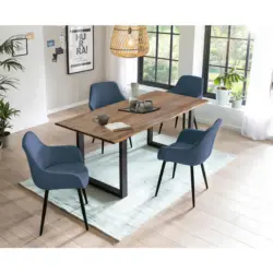 Tischgruppe in Holz, Metall, Textil Dunkelblau, Walnussfarben
