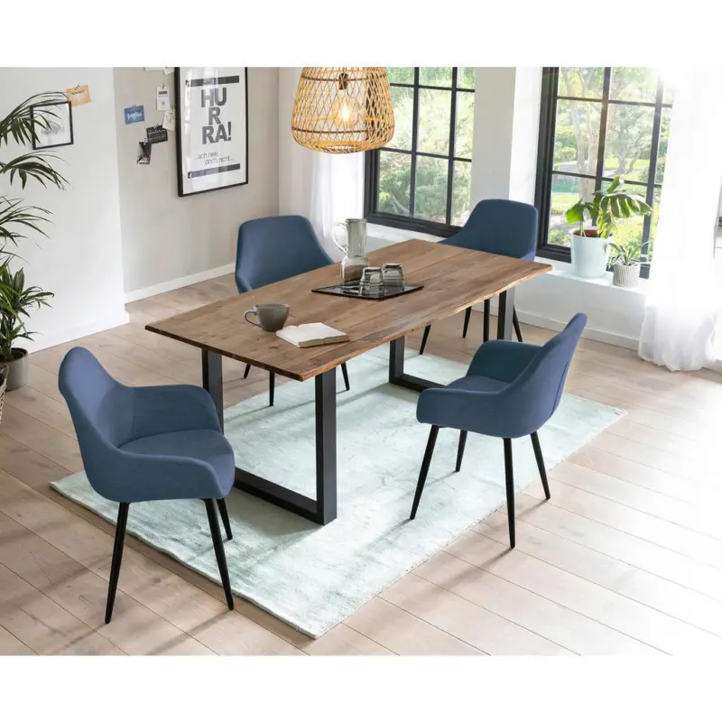 Tischgruppe in Holz, Metall, Textil Dunkelblau, Walnussfarben