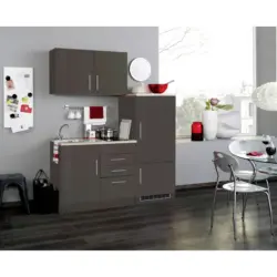 K&uuml;chenblock 160 cm in Graphitfarben, Grau Hochglanz