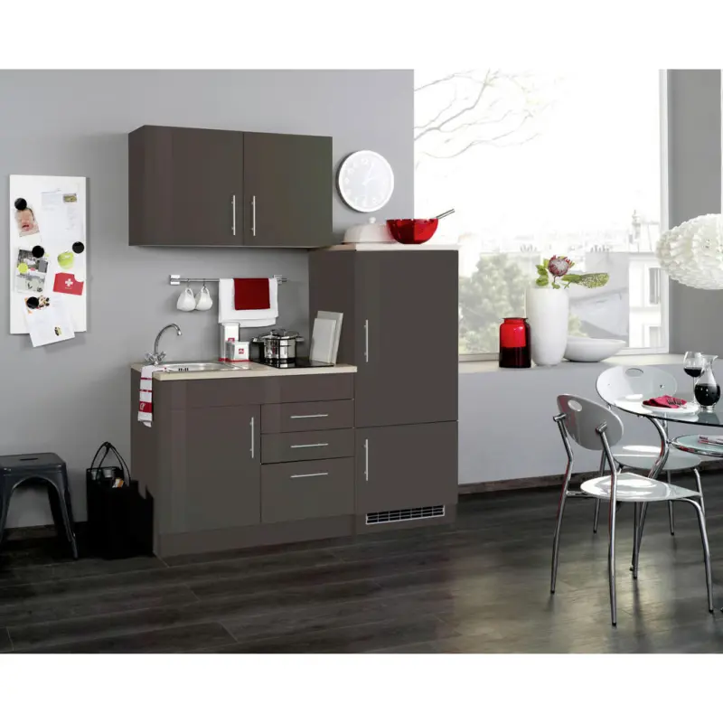 K&uuml;chenblock 160 cm in Graphitfarben, Grau Hochglanz