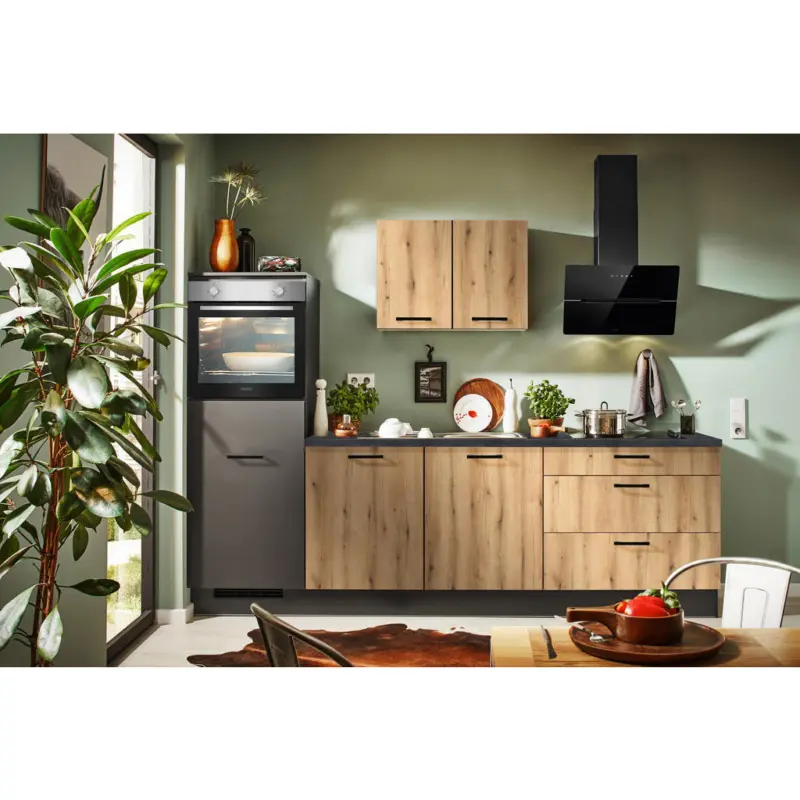 K&uuml;chenblock 270 cm in Graphitfarben, Eichefarben