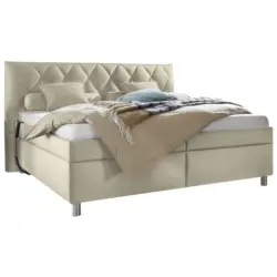 Polsterbett Matratze, gepolstertes Kopfteil, Lattenrost, Bettkasten, motorische Verstellbarkeit Ecru 180/200 cm