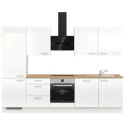 K&uuml;chenblock 300 cm in Eichefarben, Wei&szlig; Hochglanz