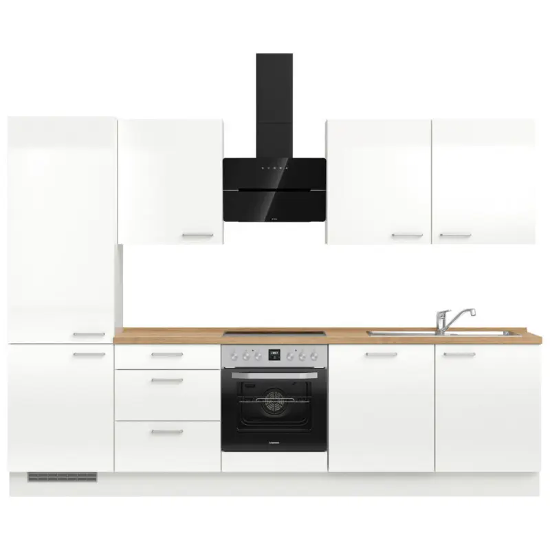 K&uuml;chenblock 300 cm in Eichefarben, Wei&szlig; Hochglanz