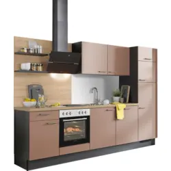 K&uuml;chenblock 290 cm in Graphitfarben, Eichefarben, Altrosa