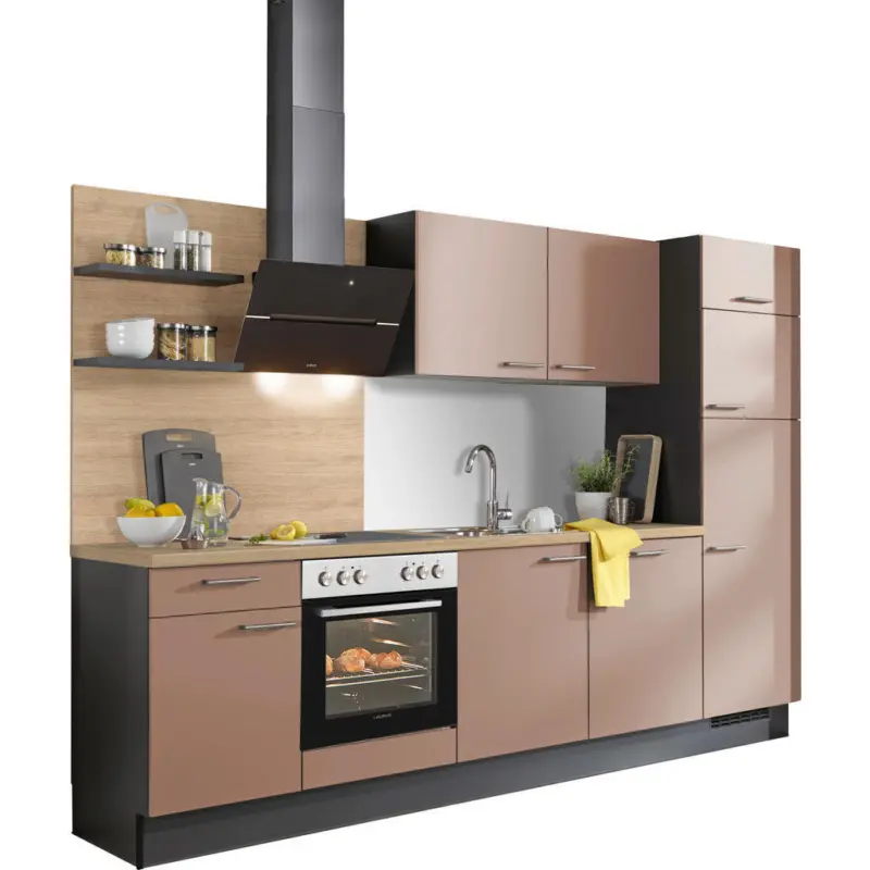 K&uuml;chenblock 290 cm in Graphitfarben, Eichefarben, Altrosa