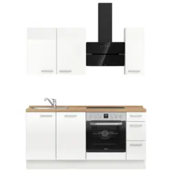 K&uuml;chenblock 180 cm in Eichefarben, Wei&szlig; Hochglanz