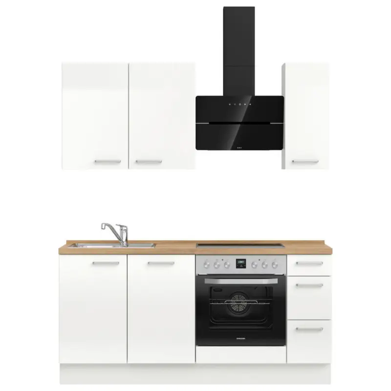 K&uuml;chenblock 180 cm in Eichefarben, Wei&szlig; Hochglanz