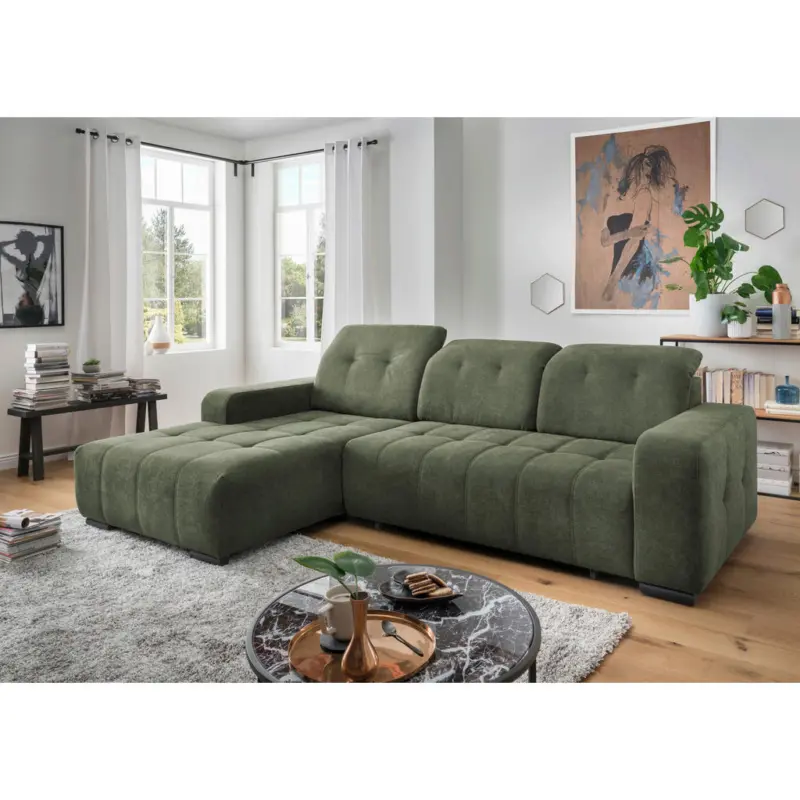 Ecksofa Vicari in Chenille Dunkelgr&uuml;n 292/185 cm