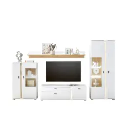 Wohnwand 4-teilig in Wei&szlig;, Eiche Wotan 330/200/42 cm