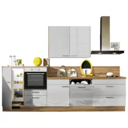 K&uuml;chenleerblock 320 cm in Eichefarben, Grau Hochglanz