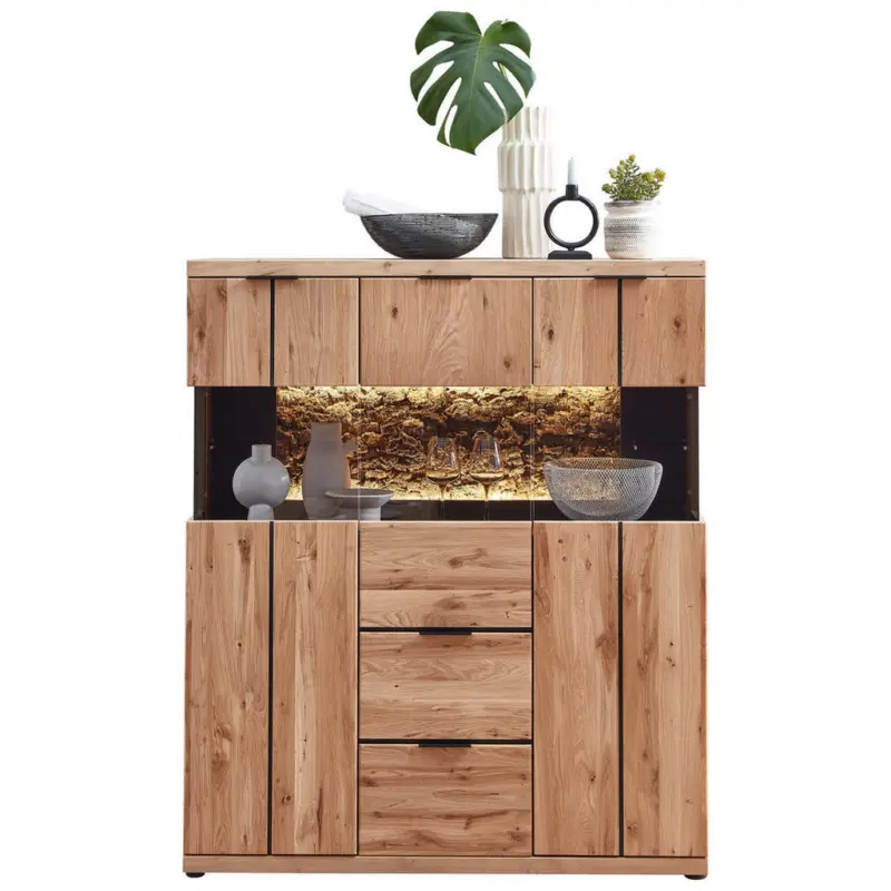 Highboard Schwarz, Wildeiche 122/144/42 cm