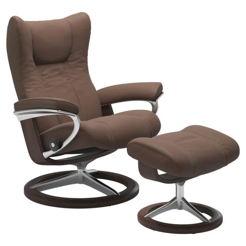 Relaxsesselset in Holz, Metall, Leder Alufarben, Dunkelbraun