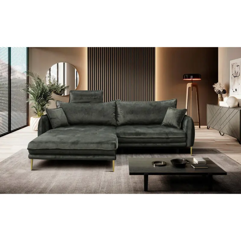 Ecksofa in Velours Gr&uuml;n 196/264 cm