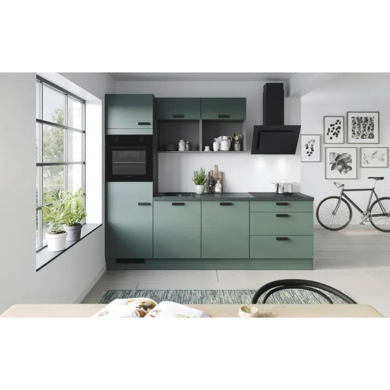 K&uuml;chenblock 260 cm in Graphitfarben, Dunkelgr&uuml;n