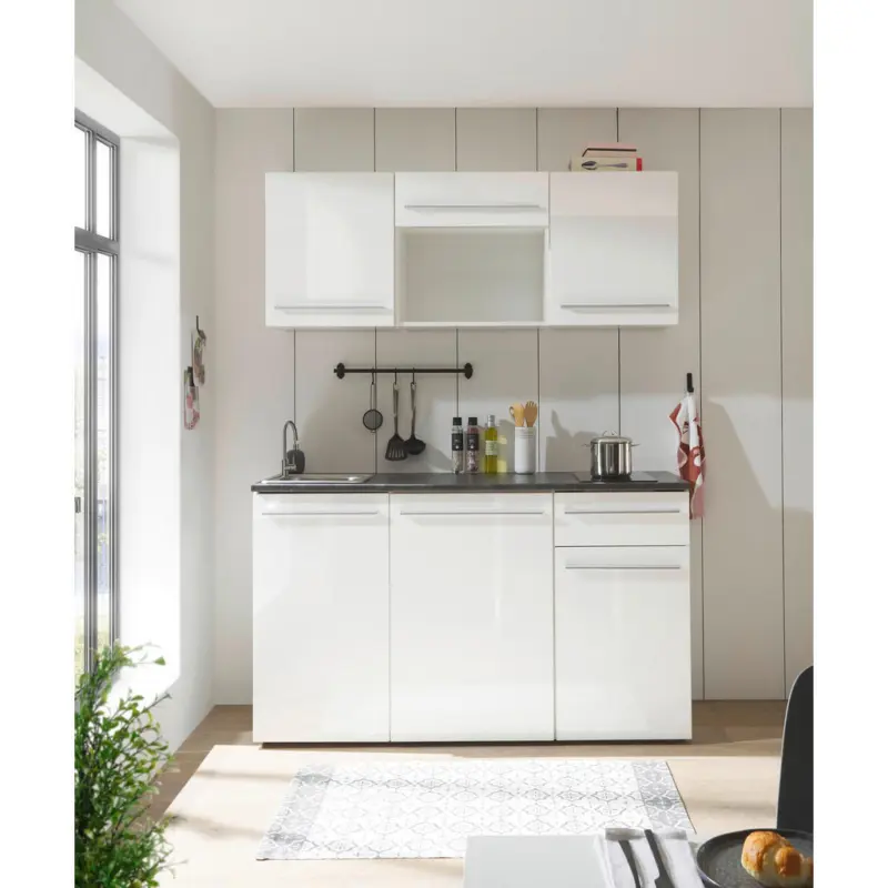 K&uuml;chenleerblock 160 cm in Braun, Wei&szlig;, Wei&szlig; Hochglanz