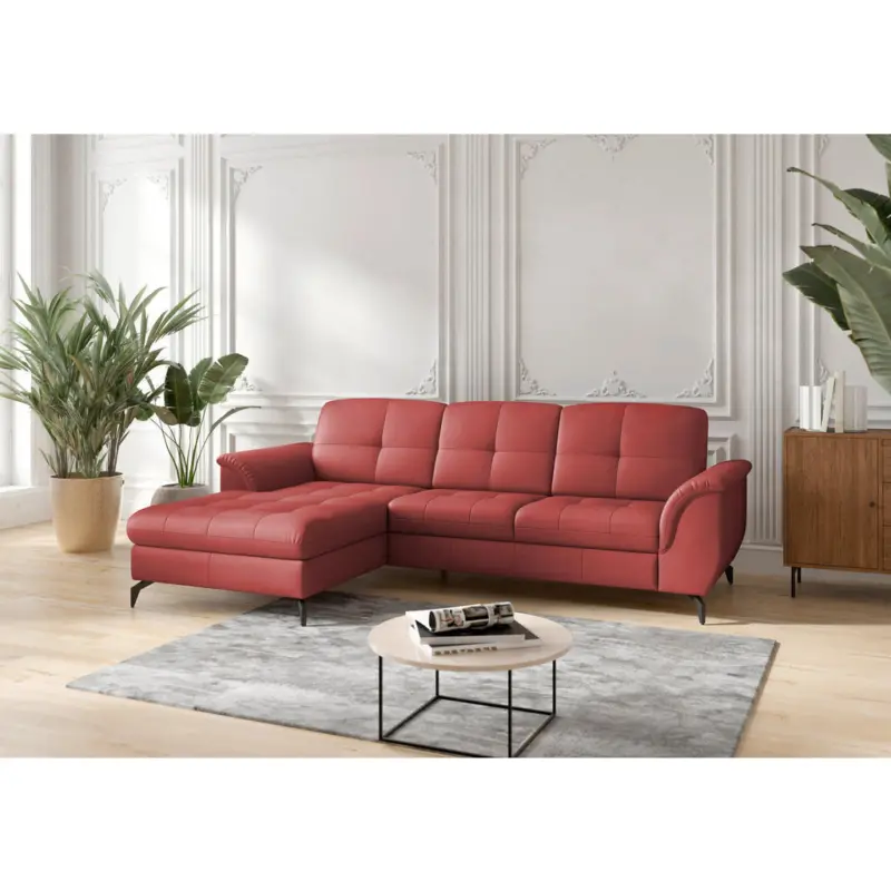 Ecksofa Zora E in Vliesstoff Kombination Echtleder/Stoff Rot 164/262 cm