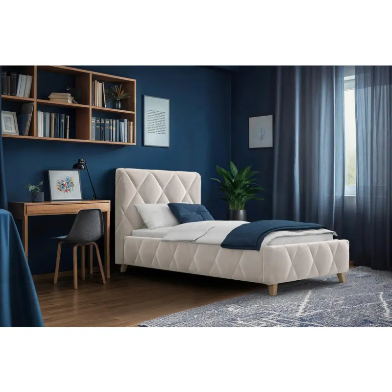 Polsterbett gepolstertes Kopfteil, Lattenrost, Bettkasten Creme 100/200 cm