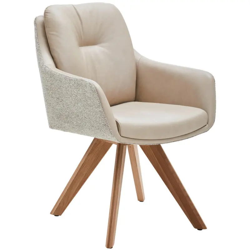 Armlehnstuhl in Holz, Textil, Leder Creme, Beige, Eiche Bianco