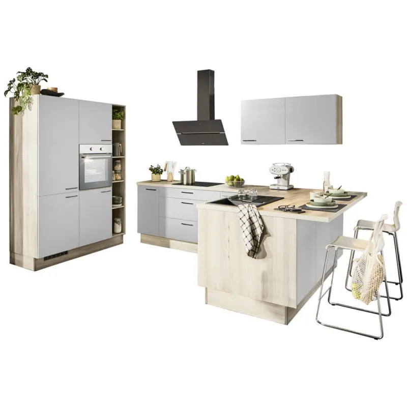 Eckk&uuml;che in Hellgrau, Tannenholzfarben