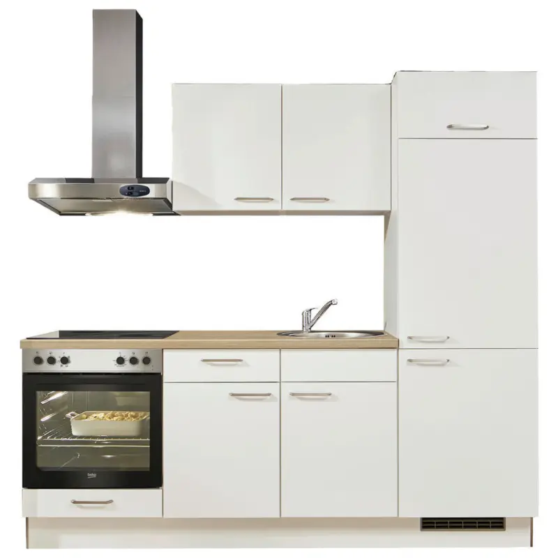 K&uuml;chenblock 220 cm in Wei&szlig;, Eichefarben