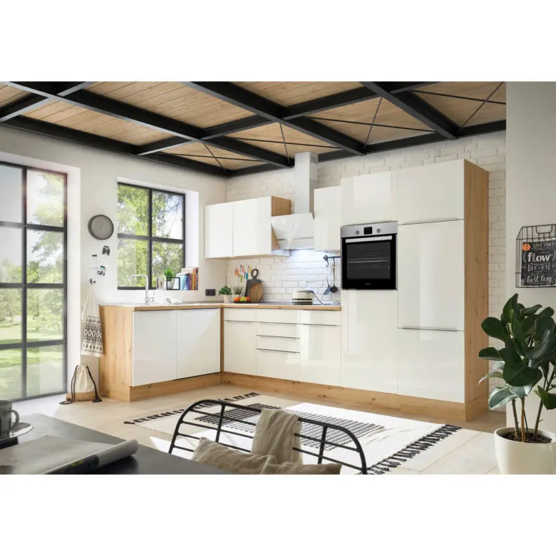 Eckk&uuml;che 170/340 cm in Eiche Artisan, Wei&szlig; Hochglanz