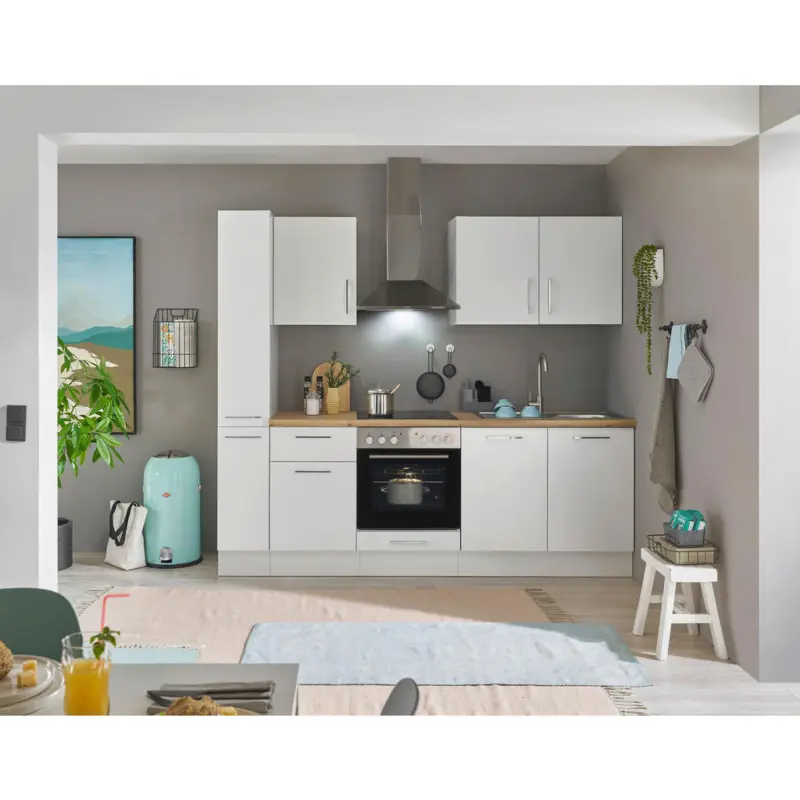 K&uuml;chenblock 240 cm in Wei&szlig;, Eiche Artisan